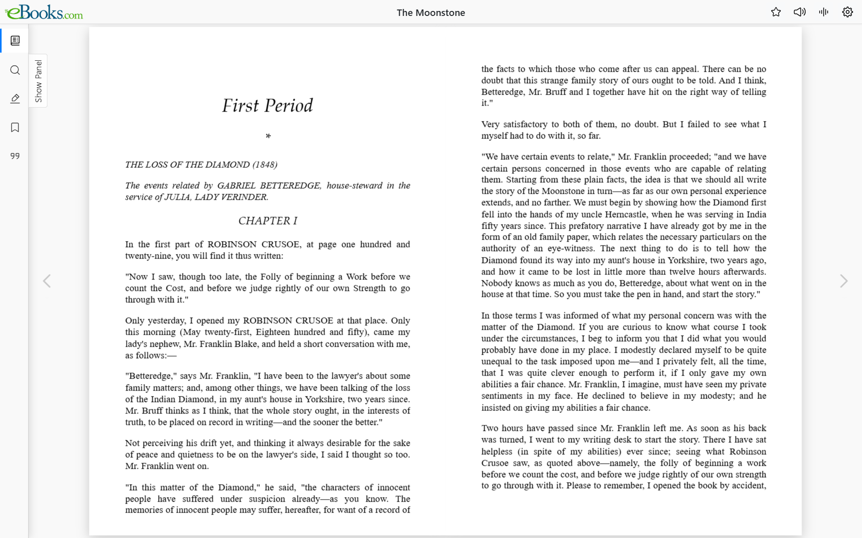 The eBooks.com Online Reader showing The Moonstone in a two-page spread.